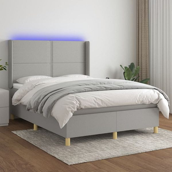 vidaXL Boxspringbett mit Matratze & LED Hellgrau 140x190 cm Stoff, 3138789