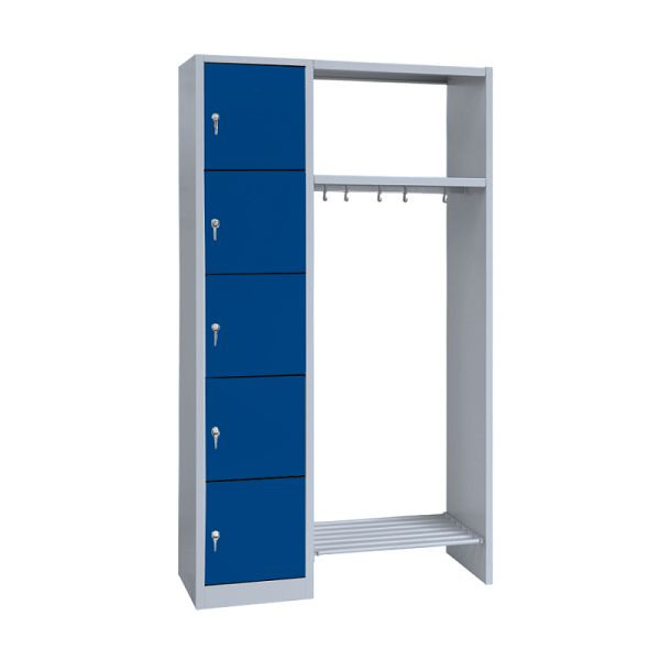 Lüllmann Garderobe, 1 Abteil links, 5 Fächer, 1800 x 1115 x 500 mm, lichtgrau/enzianblau, 525501