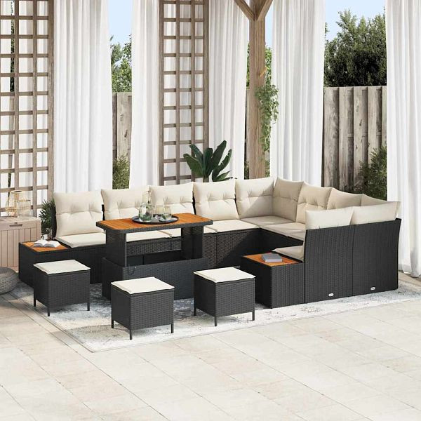 vidaXL Garten-Sofa-Set mit Kissen 13-teilig Schwarz Poly-Rattan, 3364910
