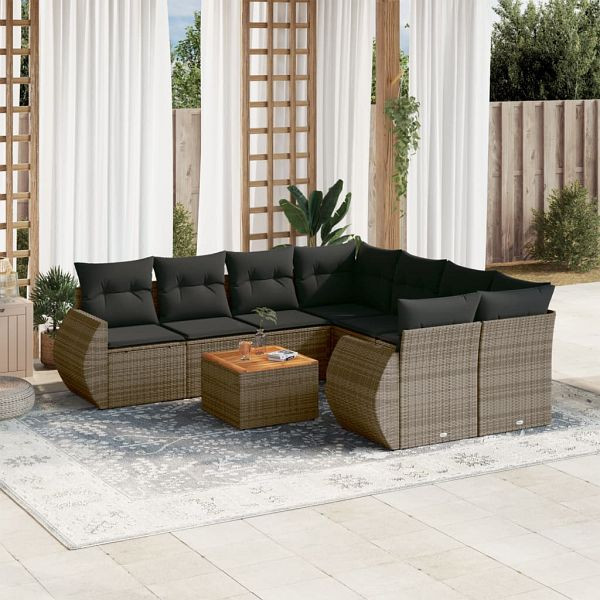 vidaXL 9-teilig Garten-Sofagarnitur mit Kissen Grau Poly Rattan, 3224933