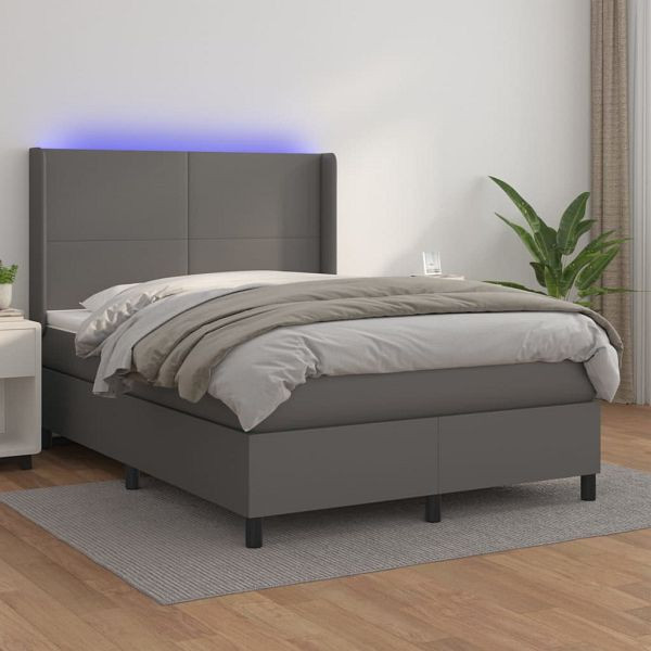 vidaXL Boxspringbett mit Matratze & LED Grau 140x200 cm Kunstleder, 3139269