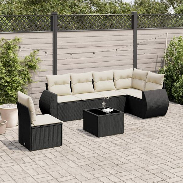 vidaXL 7-tlg. Garten-Sofagarnitur mit Kissen Schwarz Poly Rattan, 3253773