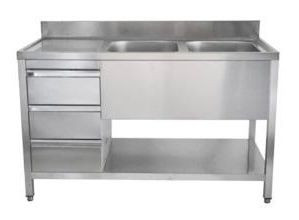 A&S Gastro Spültisch mit Schubladenblock, 2 Becken rechts, Bautiefe 700 mm, 140x700x850 mm, SPT1472BR-S