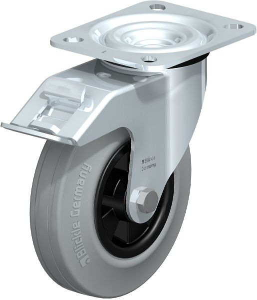 Blickle L-VPP 125R-FI-SG Stahlblech-Lenkrolle, mittelschwere Ausführung, mit Anschraubplatte & Feststeller, Vollgummi, Grau, 237388