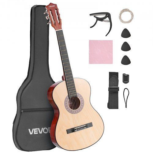 VEVOR Konzertgitarre 960 mm, Holz, Klassikgitarren-Starter-Set, Nylonsaiten, Gigbag, Gurt, Stimmgerät, Zubehör, Natur, JBGDJT38INCH6AI7I001V0