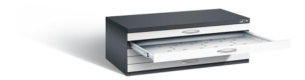 C+P Flachablageschrank Serie 7100_7200, H420xB1100xT765mm, Farbe: Schwarzgrau / Verkehrsweiß, Bügelgriff, 7100-000 S10236