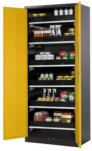 asecos Chemikalienschrank Systema-T CS-86, Korpus anthrazit, Flügeltüren gelb, 6 Tablarauszüge, 209076