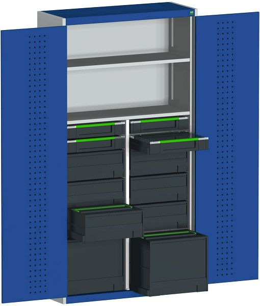 bott cubio Koffer-Flügeltürschrank bestückt 8 varioSafe, 4 varioSort, 2 Fachböden B x T x H: 1050 x 400 x 2000 mm, RAL 7035/7016, 40032019.19V
