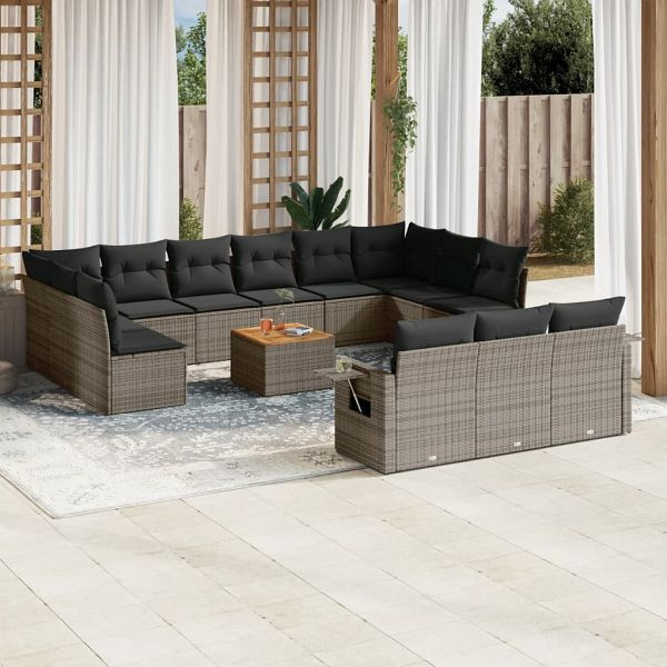 vidaXL 14-teilig Garten-Sofagarnitur mit Kissen Grau Poly Rattan, 3224807