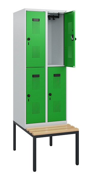 C+P Doppelstöckiger Spind Evolo PLUS, Bank, 4 Fächer, 1950x600x815mm, 7035/6037, Drehriegel, Sitzfläche Buche-Hartholz, Sitzbank, 0493505-20 S10011