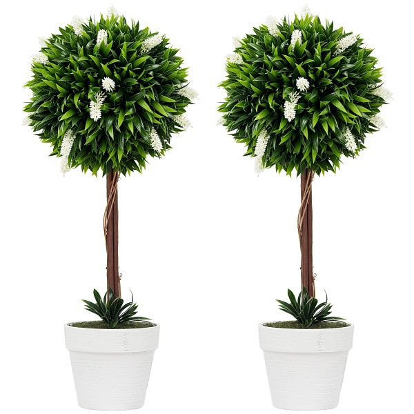 HOMCOM 2er-Set Lavendel Kunstbaum, 60 cm hoch, inkl. Topf und Kunstmoos, Weiß, 830-704V00WT