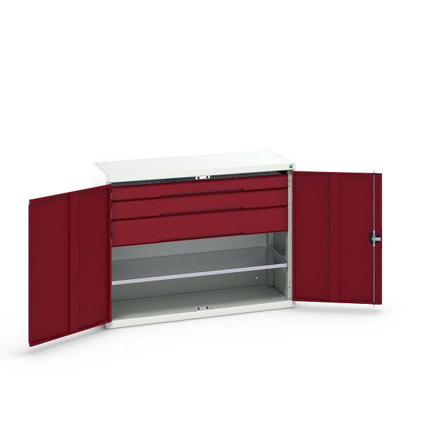bott verso Flügeltürschrank mit Schubladen, mit 1 Fachboden und 3 Schubladen, BxTxH: 1300 x 550 x 1000 mm, Lichtgrau / Purpurrot, 16926607.24