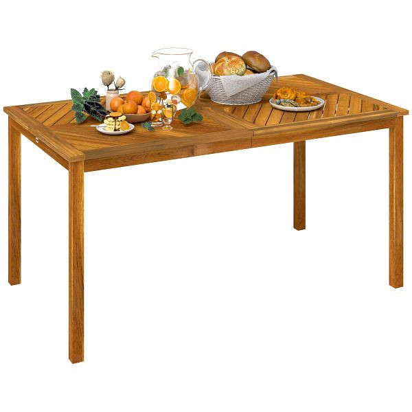 Outsunny Gartentisch 150x85cm, Wetterfest Balkontisch aus Holz, 6 Personen mit Schirmloch, Lamellendesign Naturholz, 84G-521V90TK