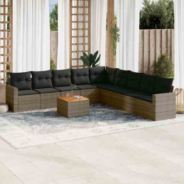 vidaXL 10-tlg. Garten-Sofagarnitur mit Kissen Grau Poly Rattan, UV-beständig, 3224170