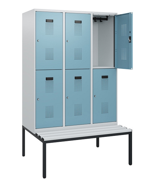 C+P Doppelstöckiger Spind Evolo PLUS, Bank, 6 Fächer, 1950x1200x815mm, 7035/0010, Zylinderschloss, Sitzfläche Kunststoff, Sitzbank, 0493505-32 S10144