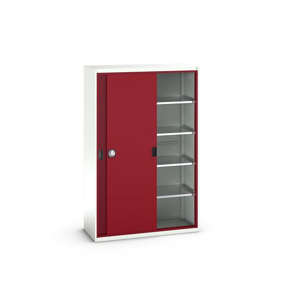 bott verso Schiebetürschrank, mit 4 Fachböden, BxTxH: 1300 x 550 x 2000 mm, Lichtgrau / Purpurrot, 16926671.24