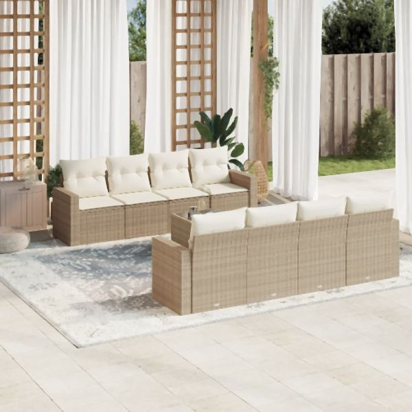 vidaXL 9-tlg. Garten-Sofagarnitur mit Kissen Beige Poly Rattan, 3218738