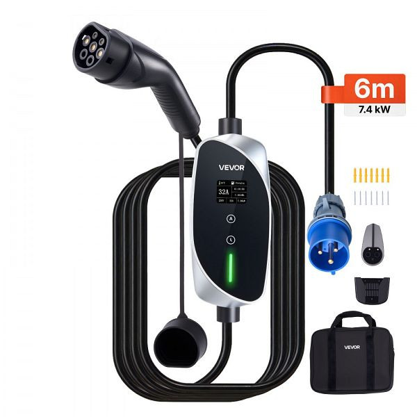 VEVOR Mobile Wallbox, 7,4 kW, 32 A, Typ 2, Einphasig, 6m Ladekabel, CEE-Stecker, LCD, IP66, für Elektrofahrzeuge, OGBXCDQPM76KD7HJH001V2