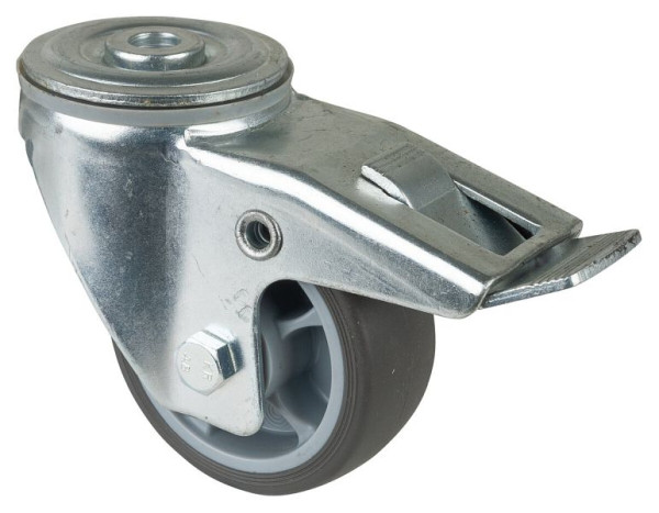 BS Rollen Transportrolle Lenkrolle mit Feststeller, thermoplastisches Gummirad grau, Rollenlager, Rückenloch, Durchmesser: 80 mm, VE: 4 Stück, L121.B44.081