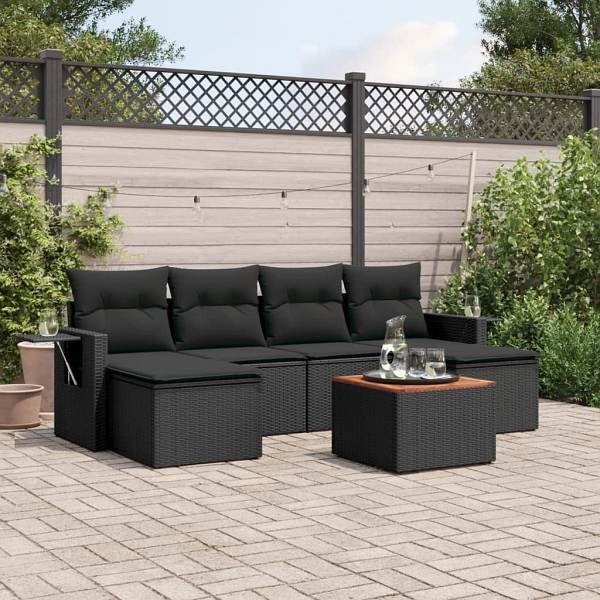 vidaXL 7-tlg. Garten-Sofagarnitur mit Kissen Schwarz Poly Rattan, UV-beständig, 3224683