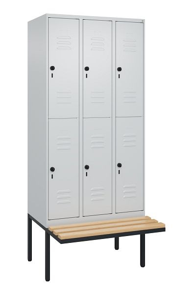 C+P Doppelstöckiger Spind Classic PLUS, 3 Abteile, 2120x900x815mm, 7035/7035, Drehriegel, Sitzleisten aus Buche, schwebende Sitzfläche, 0803407-30 S10009