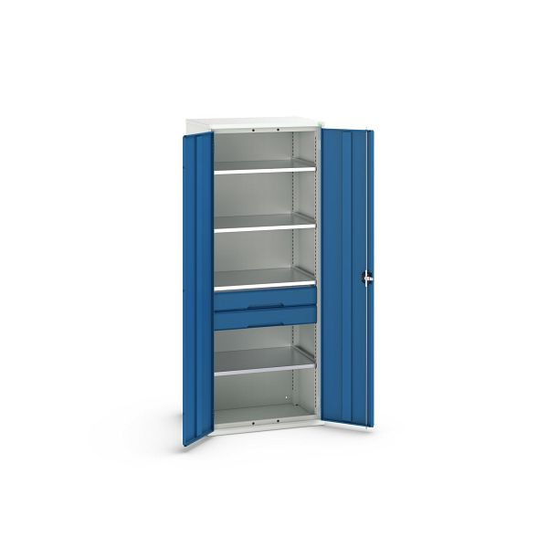 bott verso Flügeltürschrank mit Schubladen, mit 4 Fachböden und 2 Schubladen, BxTxH: 800 x 550 x 2000 mm, Lichtgrau / Enzianblau, 16926455.11