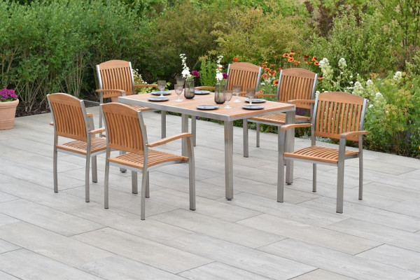 Merxx Keros Set 7-teilig, 6 Stapelsessel, 1 Tisch, 150 x 90 cm, Edelstahl mit FSC Akazienholz, 50852-011