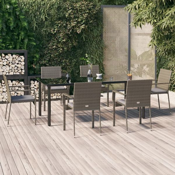 vidaXL 7-teilig Garten-Essgruppe mit Kissen Schwarz und Grau Poly Rattan, 3185141