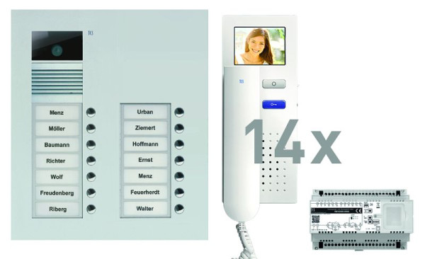 TCS Türkontrollsystem video:pack UP für 14 Wohneinheiten, mit Außenstation AVU 14 Klingeltasten, 14x Video Türtelefon IVH3222, Steuerung, PVU16140-0010