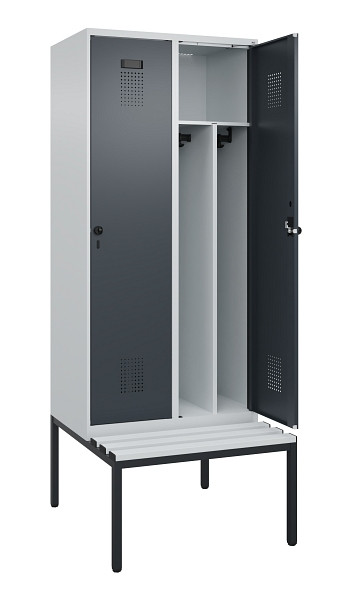 C+P Spind Evolo PLUS, 2 Abteile, 2120x800x815mm, 7035/7016, Haken 4, Drehriegel, Sitzfläche Kunststoff, Sitzbank, Trennwand, 0490507-22F S10066
