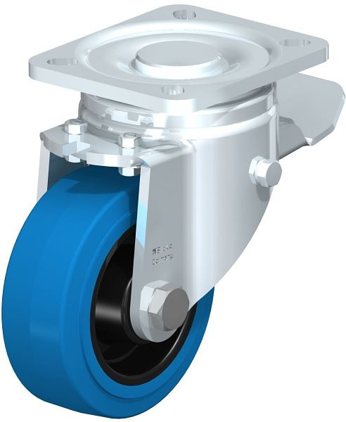 Blickle LH-POEV 100XR-1-ST-SB Stahlblech-Lenkrolle, Schwerlast-Ausführung, mit Anschraubplatte & Feststeller, Elastik-Vollgummi, Blau, 851743