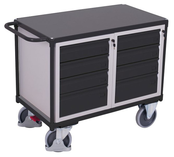 VARIOfit Werkstattwagen mit 1 Ladefläche, Außenmaße: 1.190 x 600 x 930 mm, RAL 7016 anthrazitgrau, mit je 4 rollengelagerten Schubladen, sw-600.619/AG