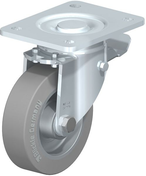 Blickle LH-ALEV 125K-3-ST-SG Stahlblech-Lenkrolle, Schwerlast-Ausführung, mit Anschraubplatte & Feststeller, Elastik-Vollgummi, Grau, 376921