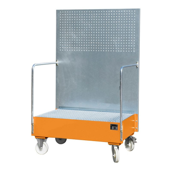 STEIN HGS Fahrbare Auffangwanne mit Lochplattenwand LPW, 215 Liter, RAL 2000 gelborange, Höhe 2015mm, lackiert, 2x200 Liter Fass, Breite 1290mm, 79205.0007