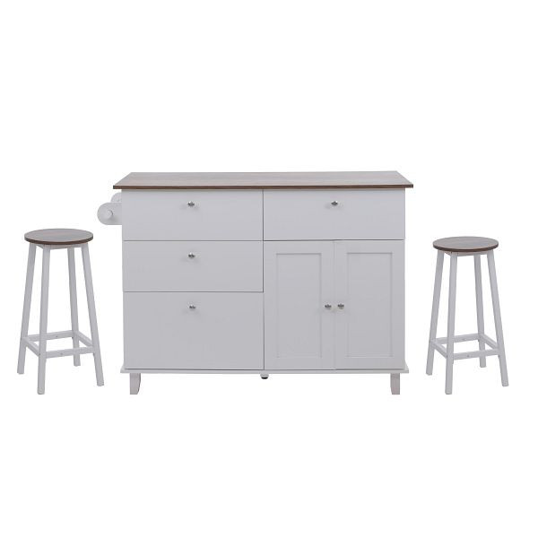 Mendler Kücheninsel HWC-P62 mit 2 Sitzhockern, Küchenschrank Schublade Staufächer MDF 90x131x47cm, weiß, dunkles Holz, 130693+130694