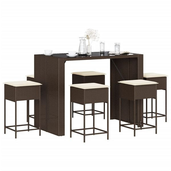 vidaXL 7-tlg. Gartenbar-Set mit Kissen Braun Poly Rattan, 3261509