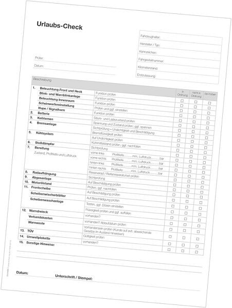 Eichner Werkstatt-Formulare "Checklisten", Bedruckung: Urlaubs-Check, VE: 50 Stück, 9036-00178