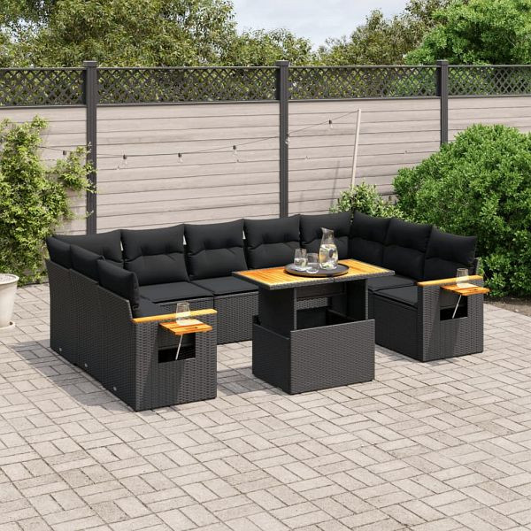 vidaXL 10-teilig Garten-Sofagarnitur mit Kissen Schwarz Poly Rattan, 3273659