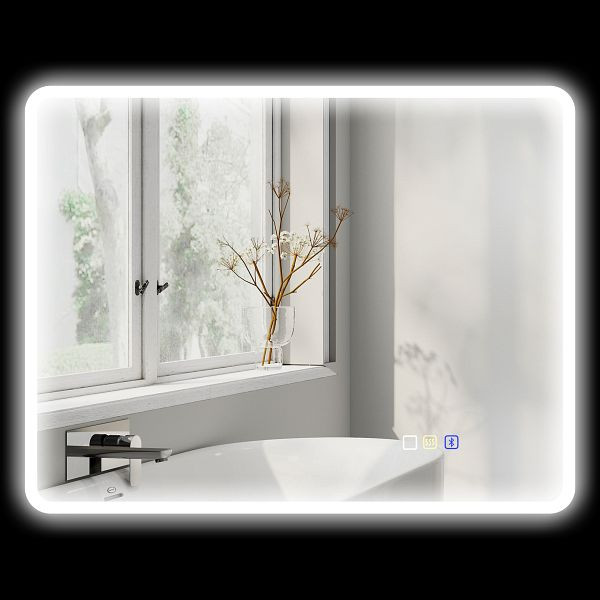 HOMCOM Badezimmerspiegel LED Bluetooth 70 x 90 cm Touchschalter Licht einstellbar 3 Farben Anti-Beschlag Speicher Silber, 834-851V05SR