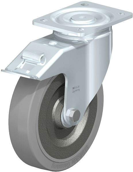 Blickle LH-SE 200K-FI-SG Stahlblech-Lenkrolle, Schwerlast-Ausführung, mit Anschraubplatte & Feststeller, Elastik-Vollgummi, Grau, 639450