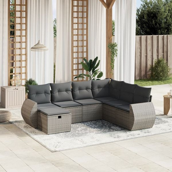 vidaXL 7-teilig Garten-Sofagarnitur mit Kissen Grau Poly Rattan, 3264146