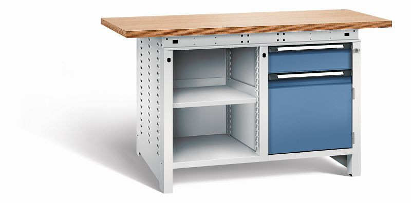 Otto Kind Werkbank Serie function Typ 211, Multiplexplatte 40 mm, überstehend, 2x Unterbau, Gehäuse RAL 7035, Front RAL 5023, 072341264