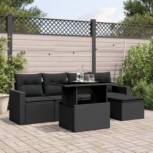 vidaXL 6-tlg. Garten-Sofagarnitur mit Kissen Schwarz Poly Rattan, UV-beständig, 3267235