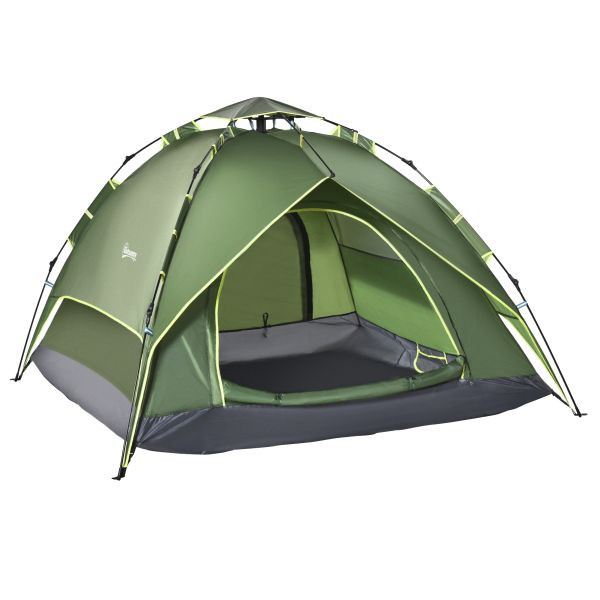 Outsunny Doppelzelt Campingzelt, 2 Erwachsene + 1 Kind, 4 Jahreszeiten, 2 Türen, Polyester + Glasfaser, Dunkelgrün, 210 x 210 x 140 cm, A20-057