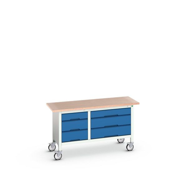 bott verso mobile Kastenwerkbank (Multiplex) mit 6 Schubladen, BxTxH: 1500 x 600 x 830 mm, Lichtgrau / Enzianblau, 16923215.11