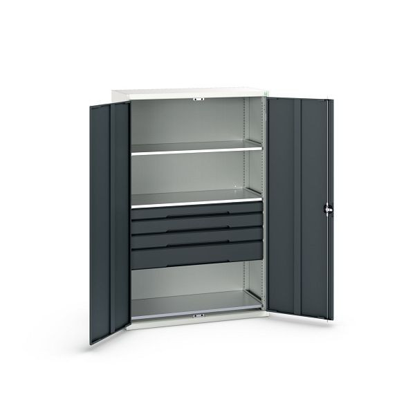 bott verso Flügeltürschrank mit Schubladen, mit 3 Fachböden und 4 Schubladen, BxTxH: 1300 x 550 x 2000 mm, Lichtgrau / Anthrazitgrau, 16926656.19