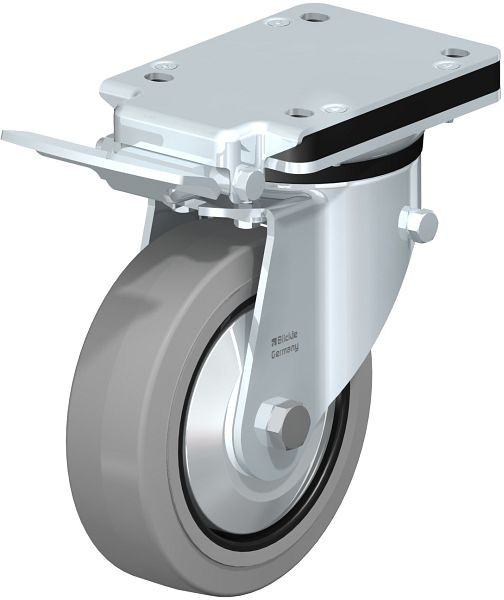 Blickle LK-POEV 160XR-IS-SG-FA Stahlblech-Lenkrolle, mittelschwere Ausführung, mit Anschraubplatte & Feststeller, Elastik-Vollgummi, Grau, 851209