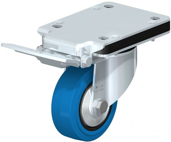 Blickle LK-POEV 100XR-3-IS-SB-FA Stahlblech-Lenkrolle, schwere Ausführung, mit Anschraubplatte & Feststeller, Elastik-Vollgummi, Blau, 850993