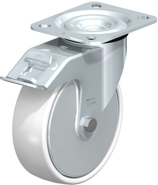 Blickle L-PO 125G-FI-FA Stahlblech-Lenkrolle, mittelschwere Ausführung, mit Anschraubplatte & Feststeller, Polyamid, Weiß, 1321