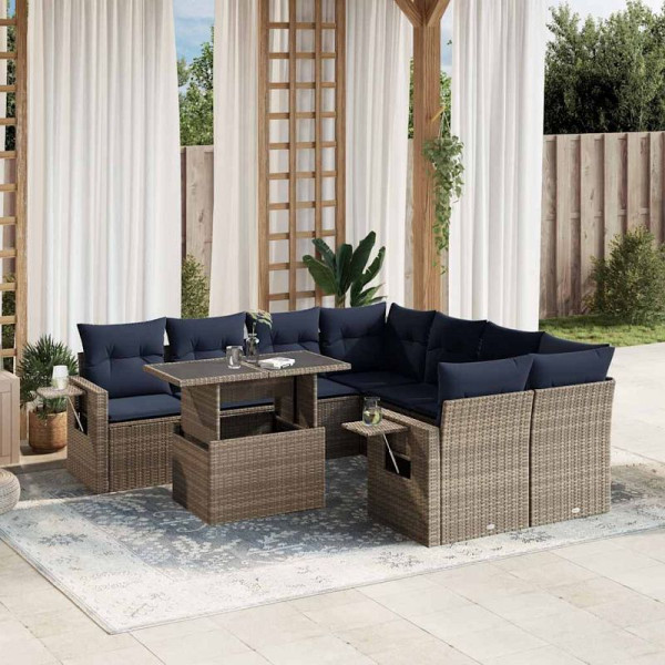 vidaXL 9-teiliges Gartensofa-Set mit Kissen, grau, Polyrattan, 3267801